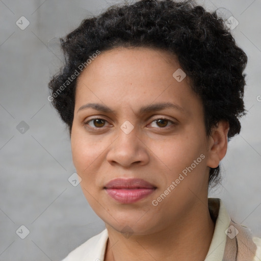 Joyful latino young-adult female with short  brown hair and brown eyes