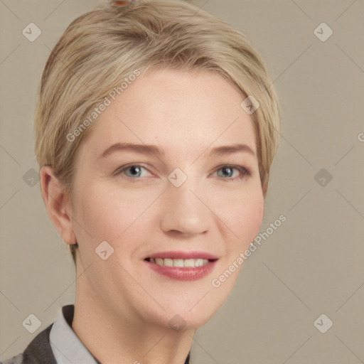 Joyful white young-adult female with short  brown hair and grey eyes