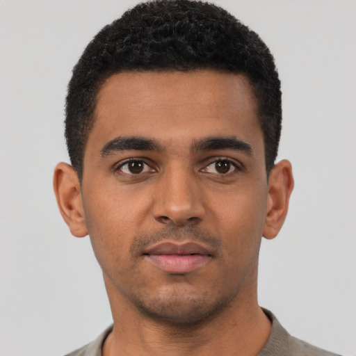 Neutral black young-adult male with short  black hair and brown eyes
