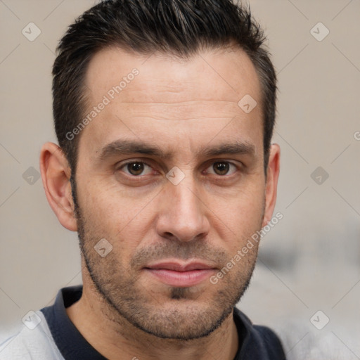 Neutral white adult male with short  brown hair and brown eyes