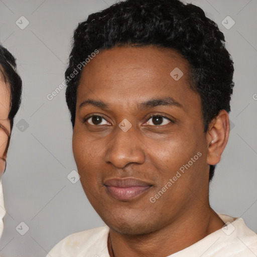 Joyful latino young-adult female with short  black hair and brown eyes