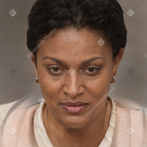 Joyful latino adult female with short  brown hair and brown eyes