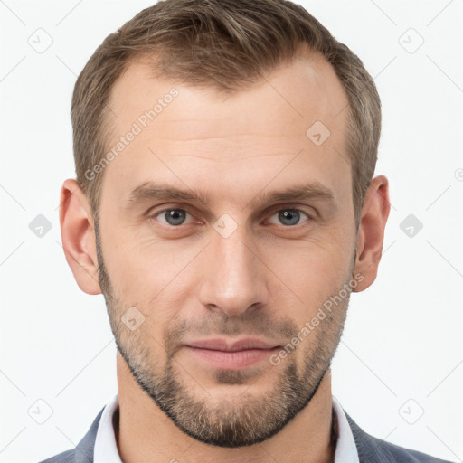 Neutral white young-adult male with short  brown hair and brown eyes