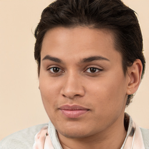 Joyful white young-adult female with short  brown hair and brown eyes