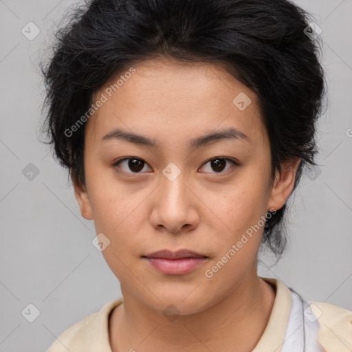 Neutral asian young-adult female with short  brown hair and brown eyes