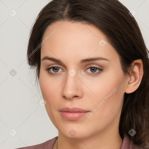 Neutral white young-adult female with medium  brown hair and brown eyes