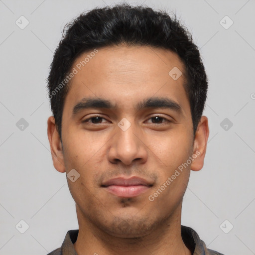 Neutral latino young-adult male with short  black hair and brown eyes