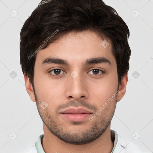 Neutral white young-adult male with short  brown hair and brown eyes