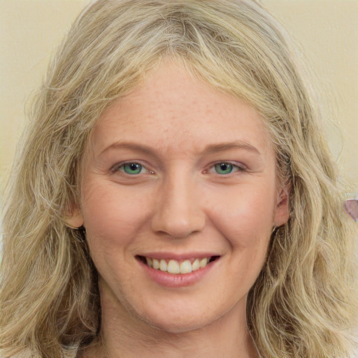 Joyful white young-adult female with long  brown hair and green eyes