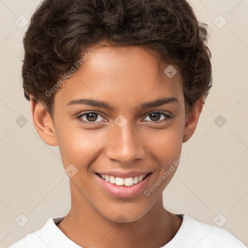 Joyful white child female with short  brown hair and brown eyes