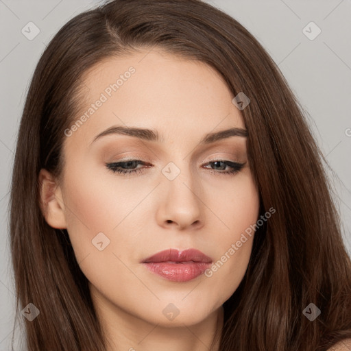 Neutral white young-adult female with long  brown hair and brown eyes