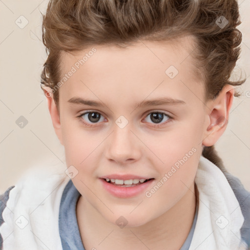 Joyful white child female with short  brown hair and brown eyes