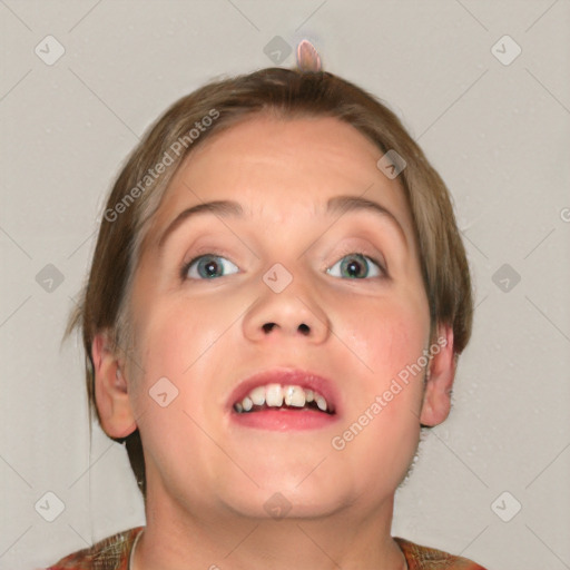 Joyful white young-adult female with medium  brown hair and blue eyes