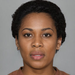 Neutral black young-adult female with short  black hair and brown eyes