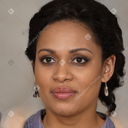 Joyful black young-adult female with medium  black hair and brown eyes