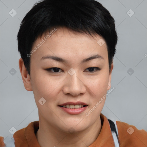 Joyful asian young-adult female with short  brown hair and brown eyes