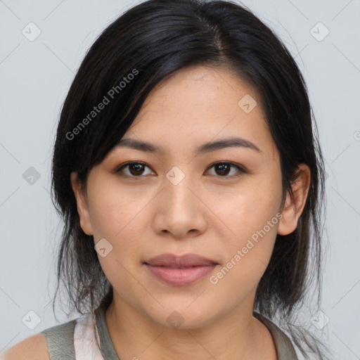 Joyful asian young-adult female with medium  black hair and brown eyes