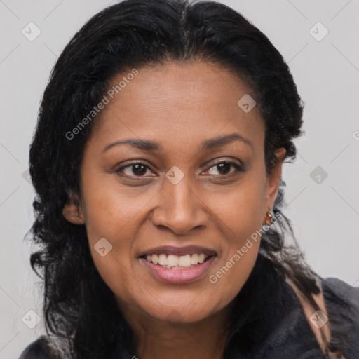 Joyful latino young-adult female with long  brown hair and brown eyes