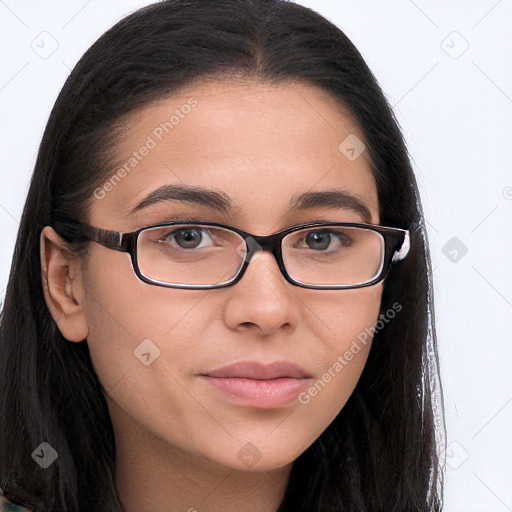 Neutral white young-adult female with long  brown hair and brown eyes