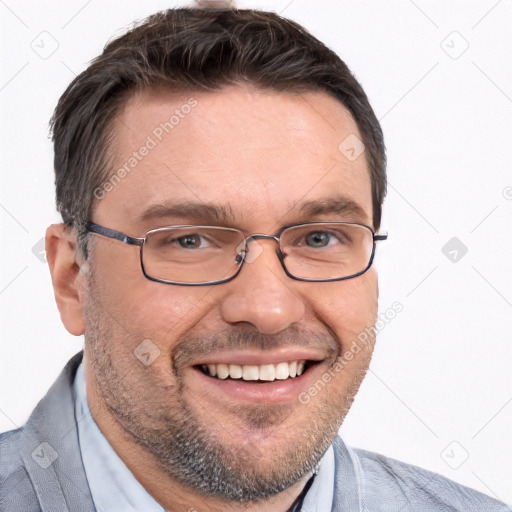 Joyful white adult male with short  brown hair and brown eyes