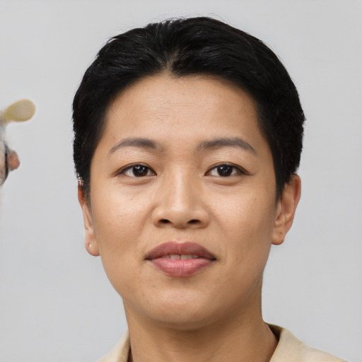 Joyful asian young-adult female with short  black hair and brown eyes