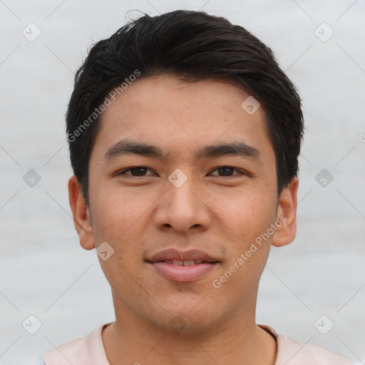 Joyful asian young-adult male with short  brown hair and brown eyes