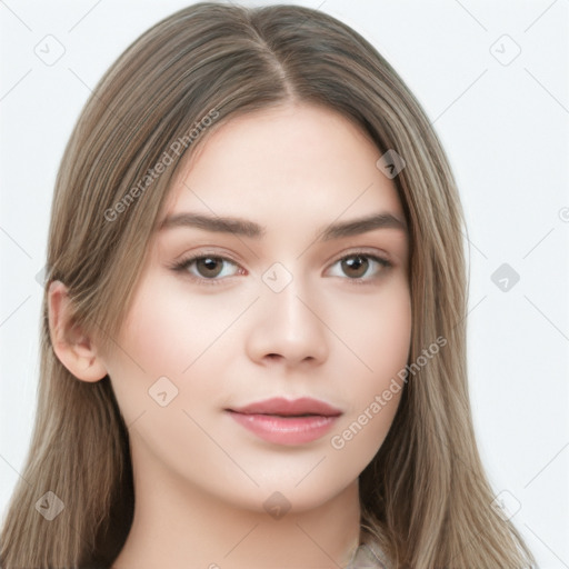 Neutral white young-adult female with long  brown hair and brown eyes