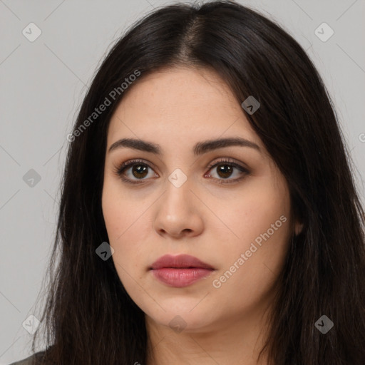 Neutral white young-adult female with long  brown hair and brown eyes