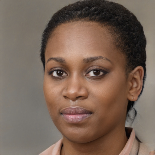 Joyful black young-adult female with short  brown hair and brown eyes