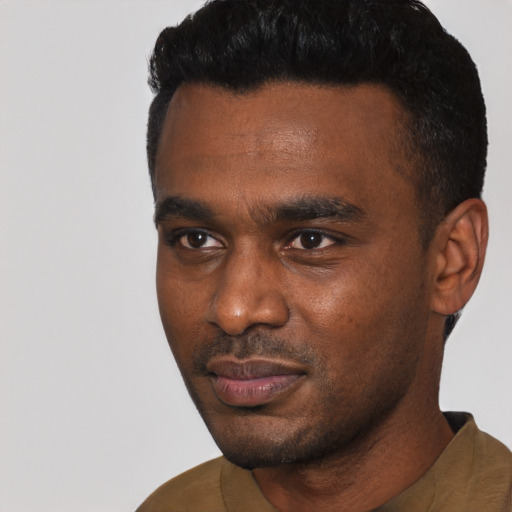 Joyful black young-adult male with short  black hair and brown eyes