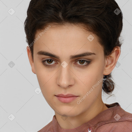 Neutral white young-adult female with short  brown hair and brown eyes