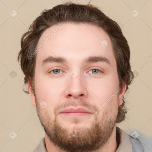 Neutral white young-adult male with short  brown hair and grey eyes