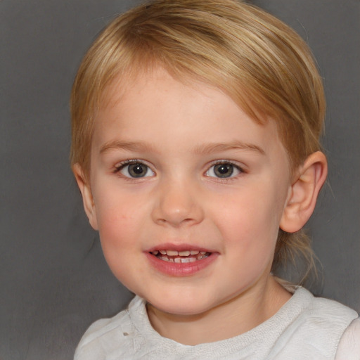 Joyful white child female with medium  brown hair and blue eyes