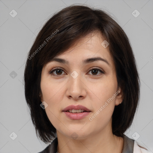 Joyful white young-adult female with medium  brown hair and brown eyes