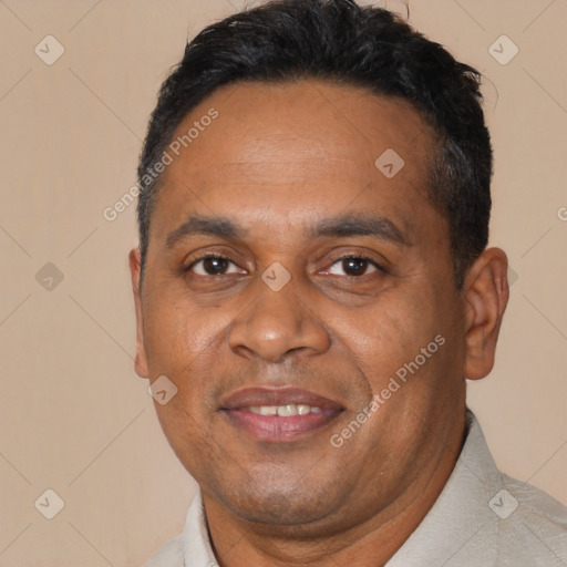 Joyful black adult male with short  black hair and brown eyes