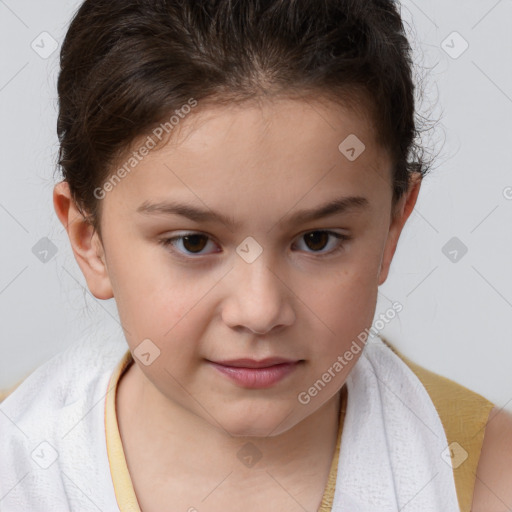 Joyful white child female with short  brown hair and brown eyes