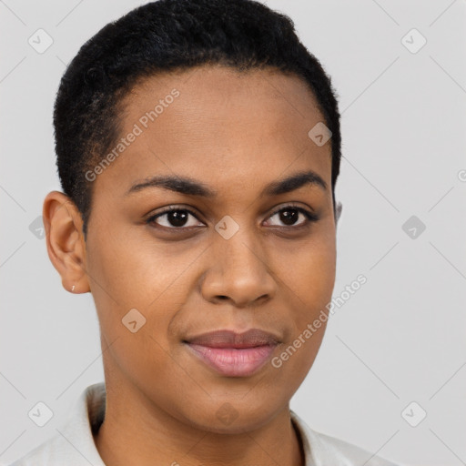 Joyful latino young-adult female with short  brown hair and brown eyes