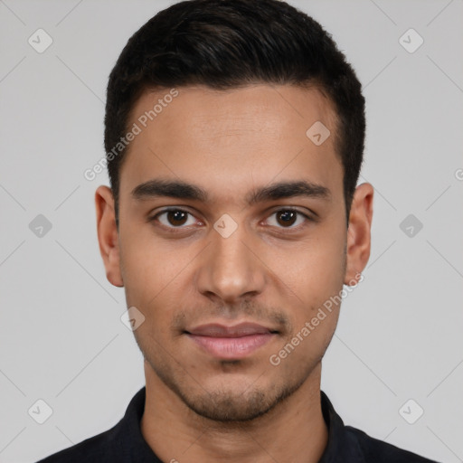 Neutral latino young-adult male with short  black hair and brown eyes