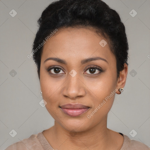 Joyful latino young-adult female with short  black hair and brown eyes