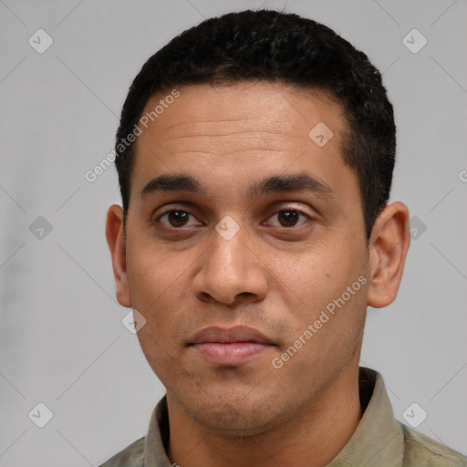 Neutral latino young-adult male with short  black hair and brown eyes