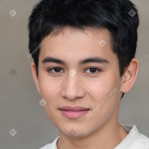 Joyful asian young-adult male with short  brown hair and brown eyes