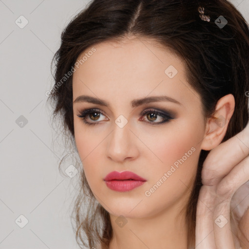 Neutral white young-adult female with long  brown hair and brown eyes