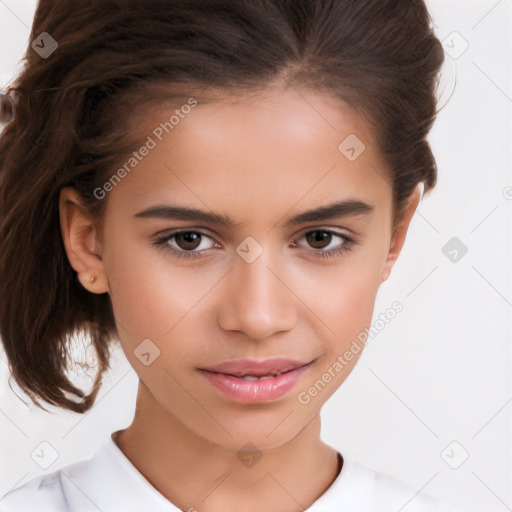 Joyful white child female with medium  brown hair and brown eyes