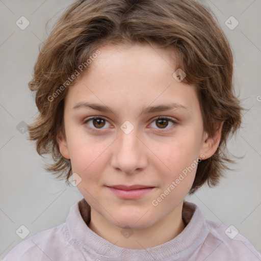 Joyful white child female with medium  brown hair and brown eyes