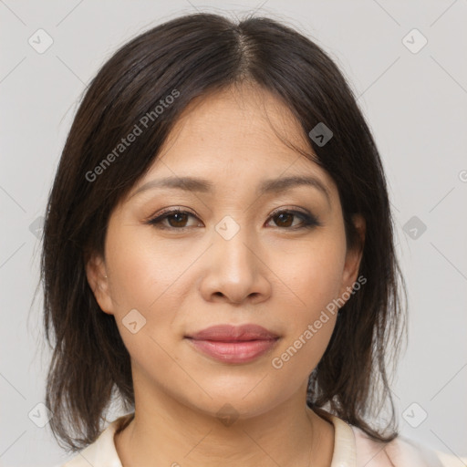 Joyful white young-adult female with medium  brown hair and brown eyes