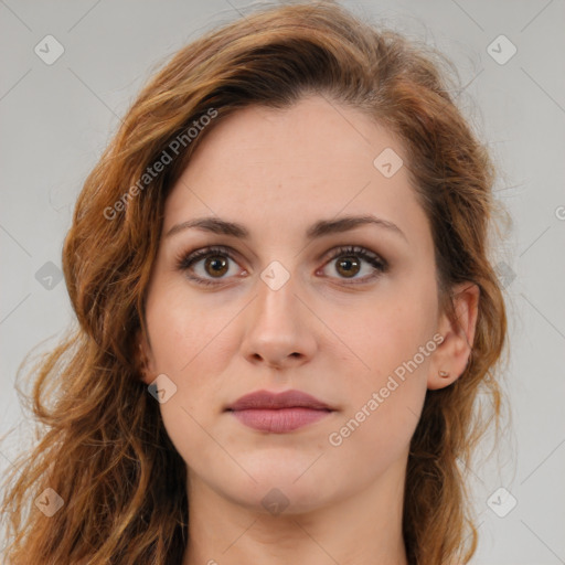 Neutral white young-adult female with long  brown hair and brown eyes