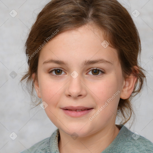 Joyful white child female with medium  brown hair and brown eyes