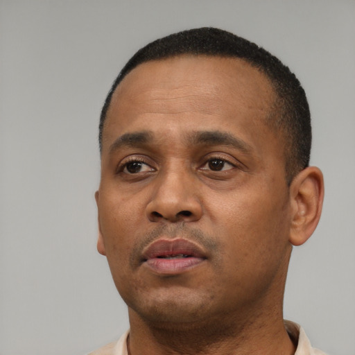 Neutral latino adult male with short  black hair and brown eyes