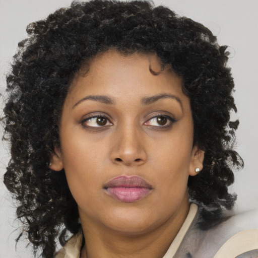 Neutral black young-adult female with long  brown hair and brown eyes