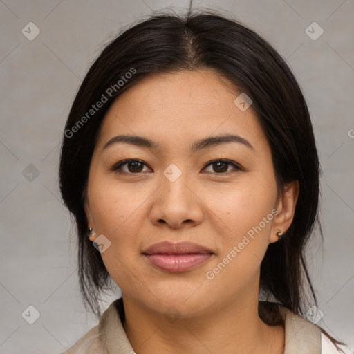 Joyful asian young-adult female with medium  brown hair and brown eyes